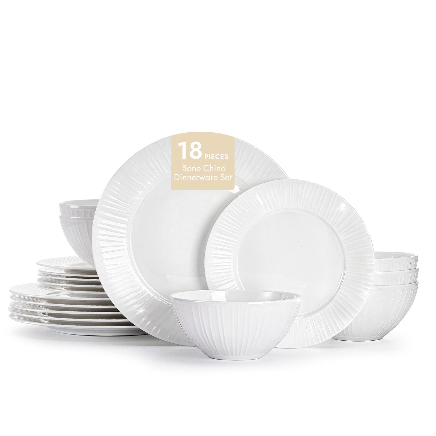 KINGSTONE Bone China Dinnerware Set, White Lightweight Porcelain with Textured Design Service, Plates, Bowls, for Family Dining, Restaurants, Gifting, Microwave and Dishwasher Safe