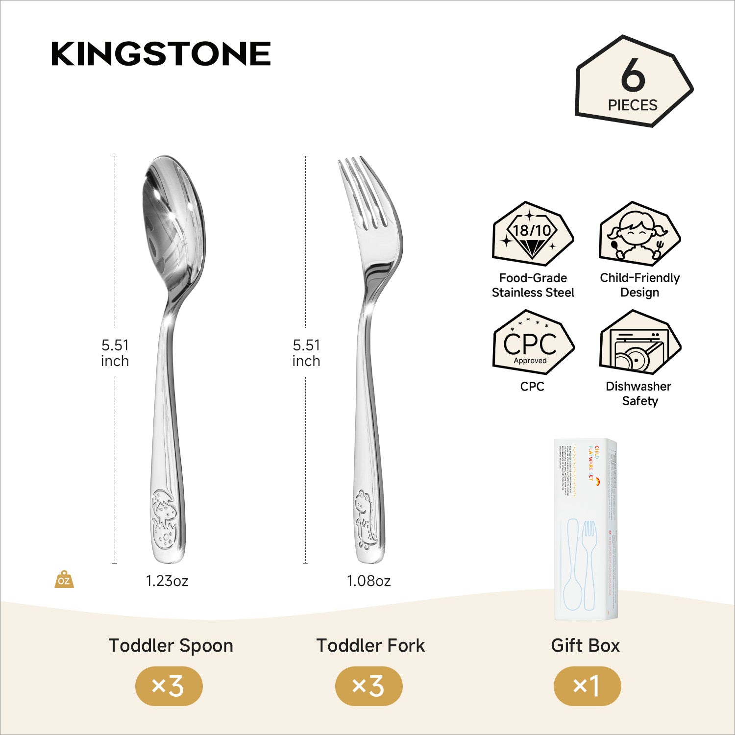 KINGSTONE Toddler Utensils Set with Case, 18/10 Stainless Steel Kids Silverware, Food-Grade Baby Spoons Self Feeding, Children Safe Forks and Spoons, Mirror Polished, Dishwasher Safe