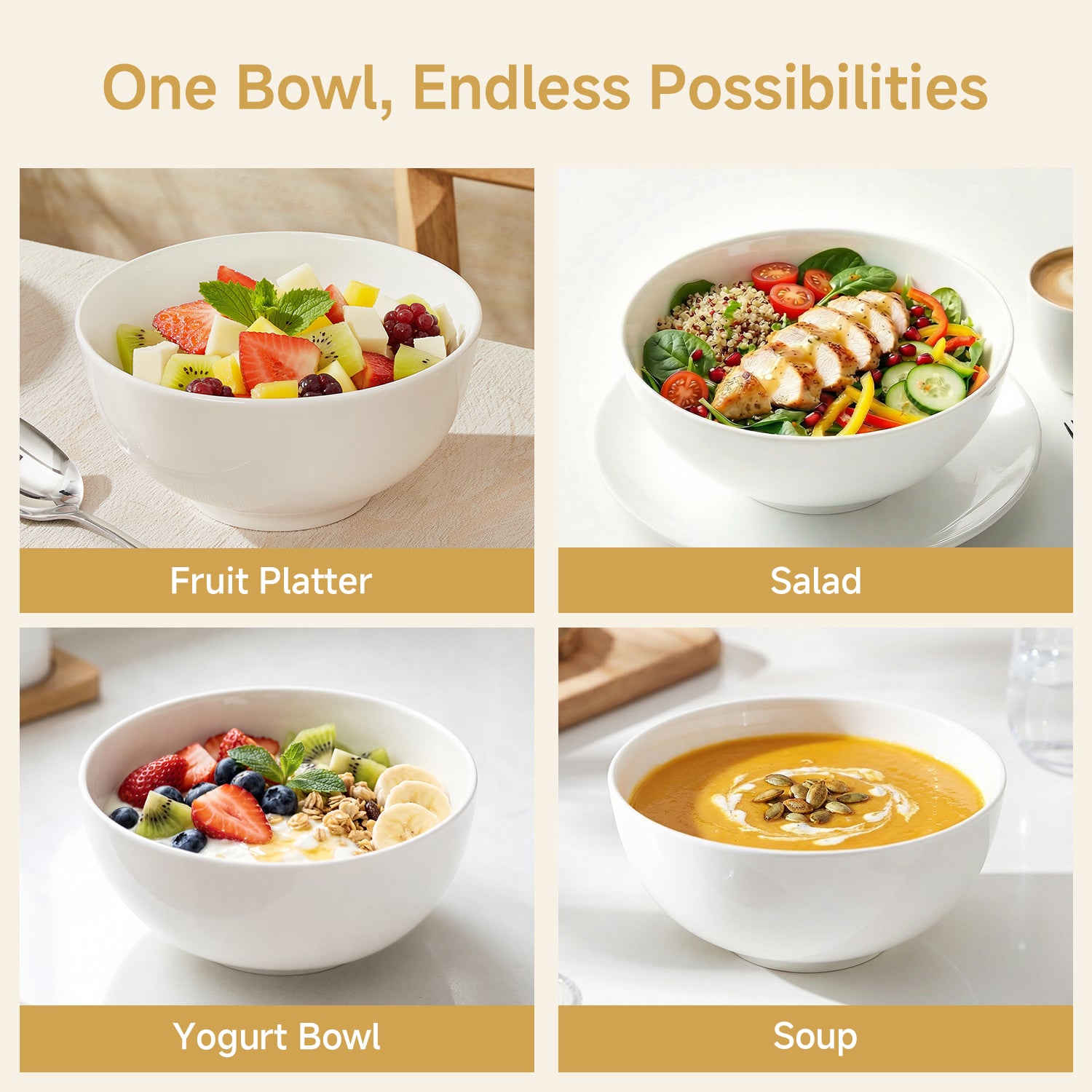 KINGSTONE Bone China Soup/Cereal Bowls, 25 oz Pure White, for Salad Dessert Pasta Cereal Soup Rice Oatmeal, Microwave & Dishwasher Safe