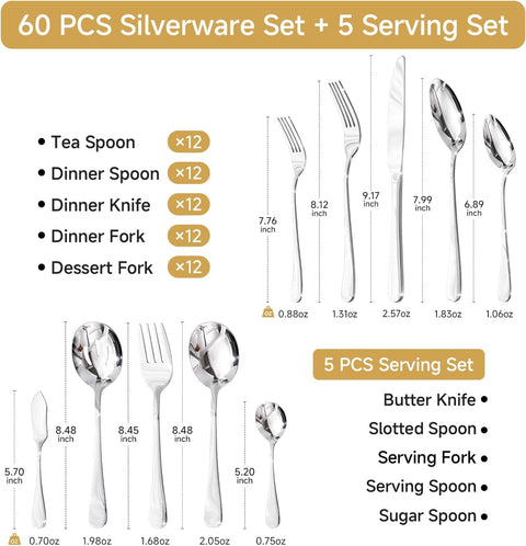 Classic Round 18/10 Stainless Steel 65 Piece Flatware Set, Service for 12 (With Serving Utensils)