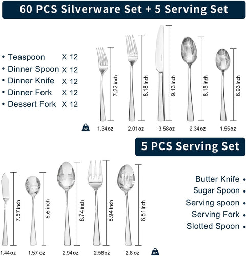 18/10 Stainless Steel Classic 65 Piece Flatware Set, Service for 12 (With Serving Utensils)