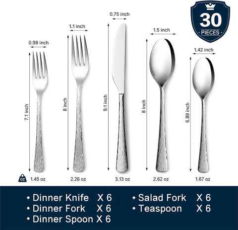 Artisan Stria 18/10 Stainless Steel 30 Piece Flatware Set, Service for 6