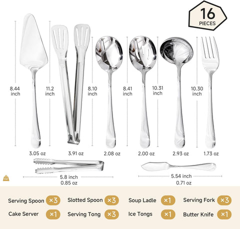 18/10 Stainless Steel Modern 16 Piece Serving Utensils Set
