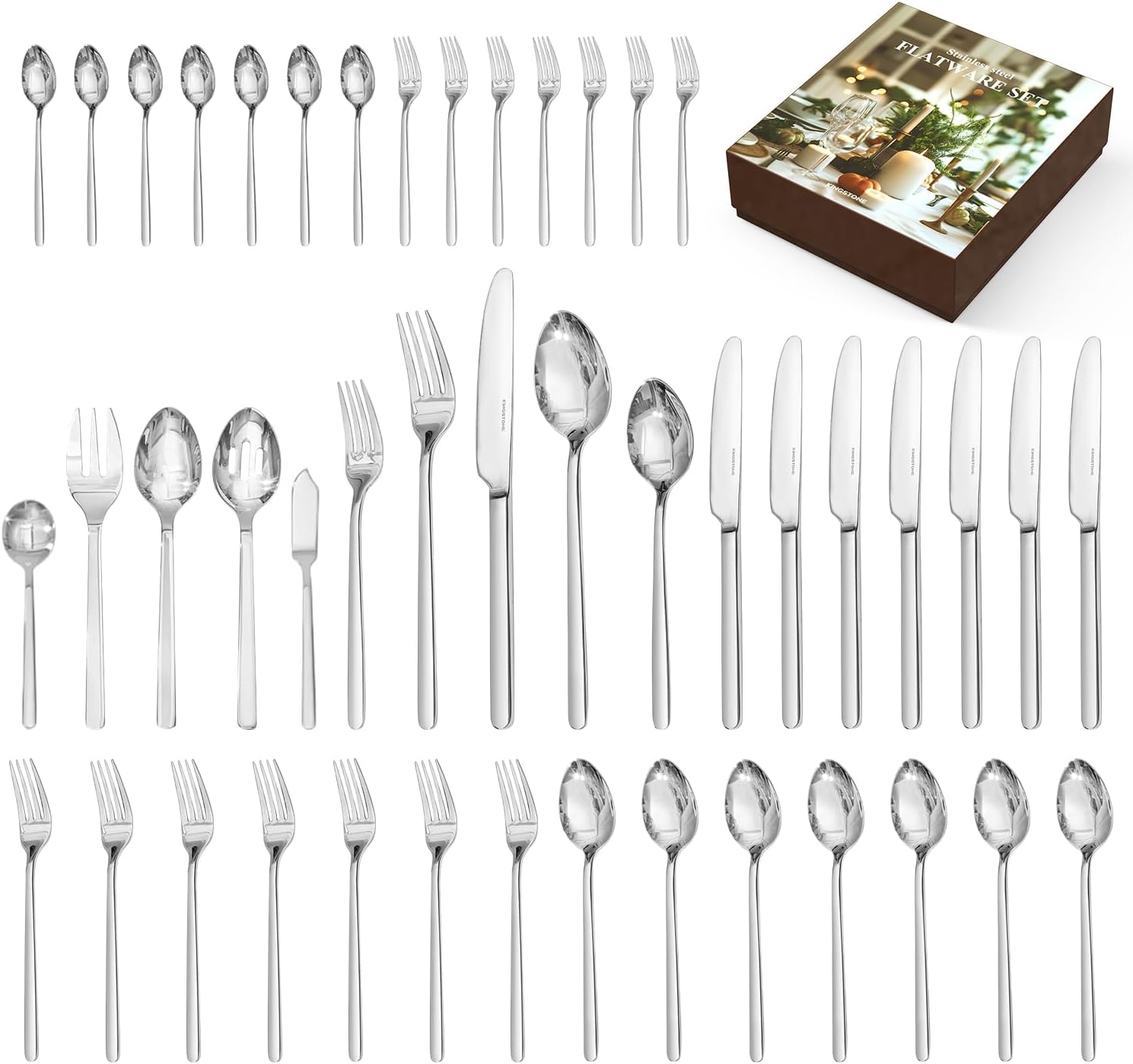 KINGSTONE Silverware Set, Flatware Set for 8, 18/10 Stainless Steel Cutlery Set Mirror Polished Modern Design Dishwasher Safe, Matte Silver