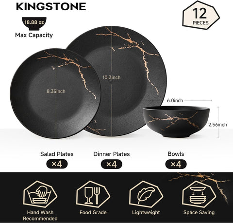 Modern Obsidian Reinforced Porcelain 12 Piece Dinnerware Set, Service for 4