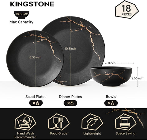 Modern Obsidian Reinforced Porcelain 18 Piece Dinnerware Set, Service for 6