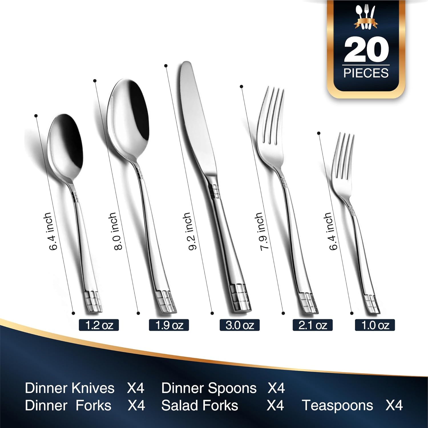 KINGSTONE Flatware Set, 20-Piece Luxury Silverware Set for 4, 18/10 Stainless Steel Cutlery Utensils Sets with European Design, Pure Hand Mirror Polished, Perfect for Family & Parties, Dishwasher Safe