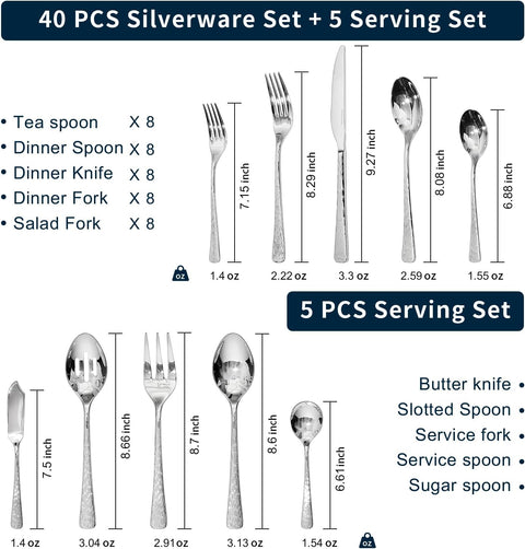 Artisan Stria 18/10 Stainless Steel 45 Piece Flatware Set, Service for 8 (With Serving Utensils)