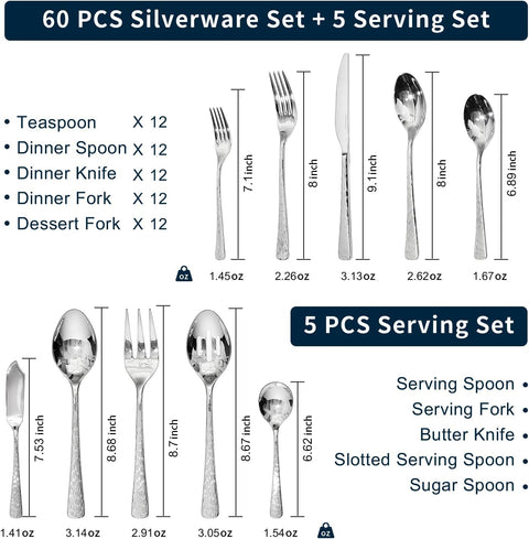 Artisan Stria 18/10 Stainless Steel 65 Piece Flatware Set, Service for 12 (With Serving Utensils)