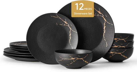 Modern Obsidian Reinforced Porcelain 12 Piece Dinnerware Set, Service for 4
