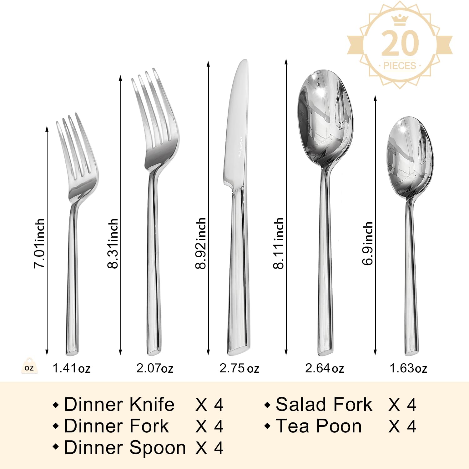 KINGSTONE Silverware Set, Forged Novelty Flatware Cutlery Utensil Set Premium Stainless Steel for Kitchen, Home, Wedding, Party, Mirror Polished and Dishwasher Safe
