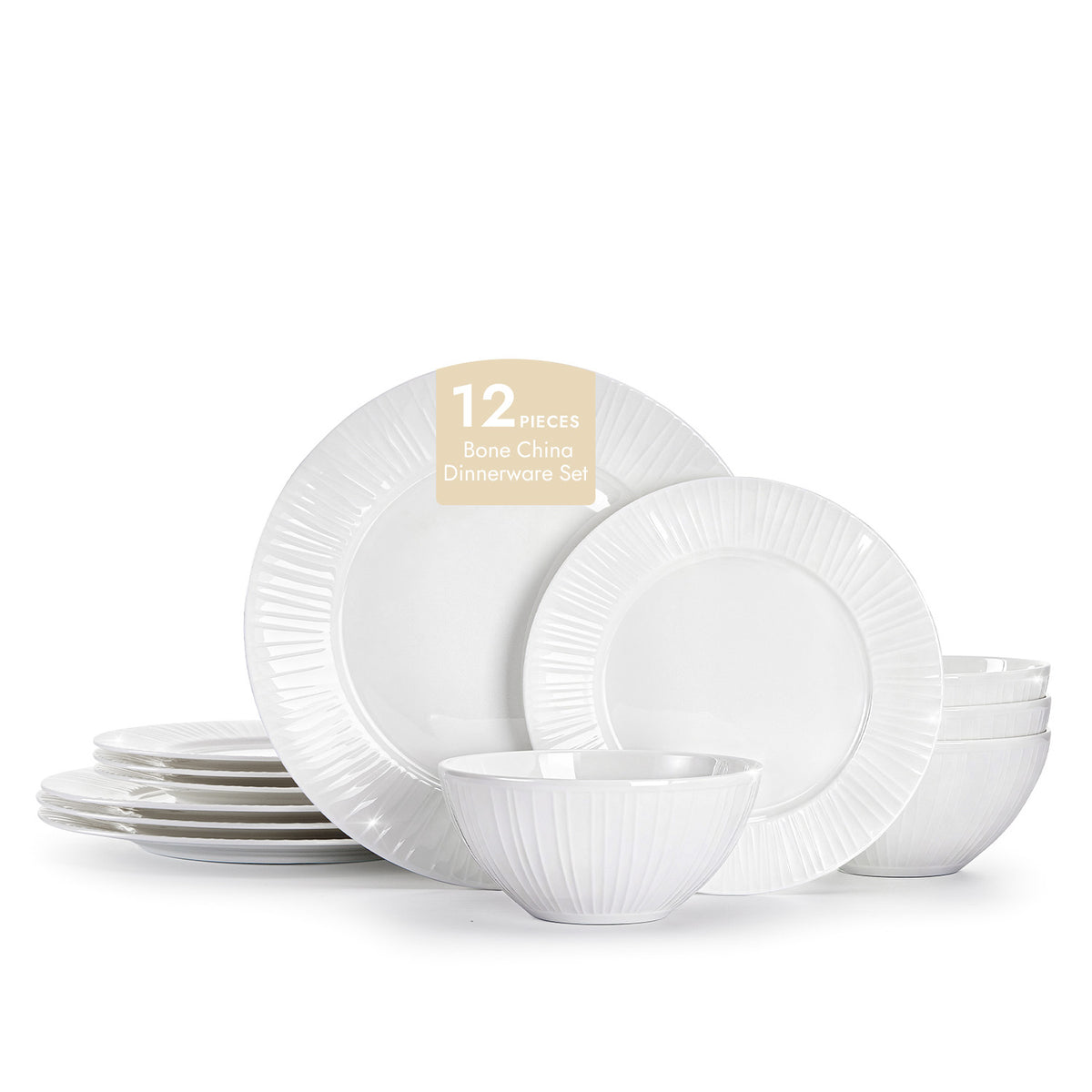 KINGSTONE Bone China Dinnerware Set, White Lightweight Porcelain with Textured Design Service, Plates, Bowls, for Family Dining, Restaurants, Gifting, Microwave and Dishwasher Safe