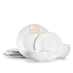 KINGSTONE Bone China Dinnerware Set, White Lightweight Porcelain with Textured Design Service, Plates, Bowls, for Family Dining, Restaurants, Gifting, Microwave and Dishwasher Safe