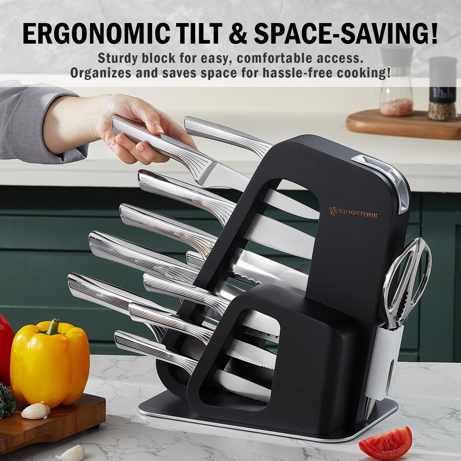 KINGSTONE 14 Pcs Kitchen Knife Set with Block, German Stainless Steel Knife Set with Built-in Sharpener, Dishwasher Safe Knife Block Set (14pcs)