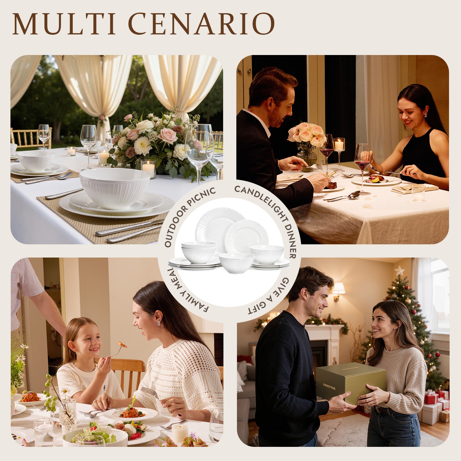 KINGSTONE Bone China Dinnerware Set, White Lightweight Porcelain with Textured Design Service, Plates, Bowls, for Family Dining, Restaurants, Gifting, Microwave and Dishwasher Safe