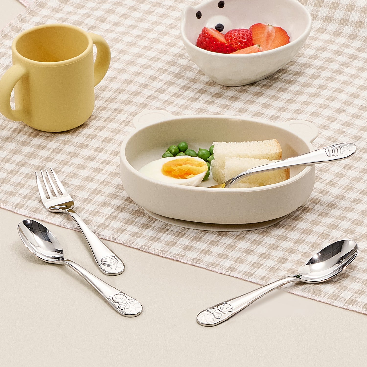 KINGSTONE Toddler Utensils Gift Set, Forks & Spoons, Small & Large, 18/10 Stainless Steel, Ergonomic Flatware for Toddlers & Kids, Self-Feeding, Honey Bear Print