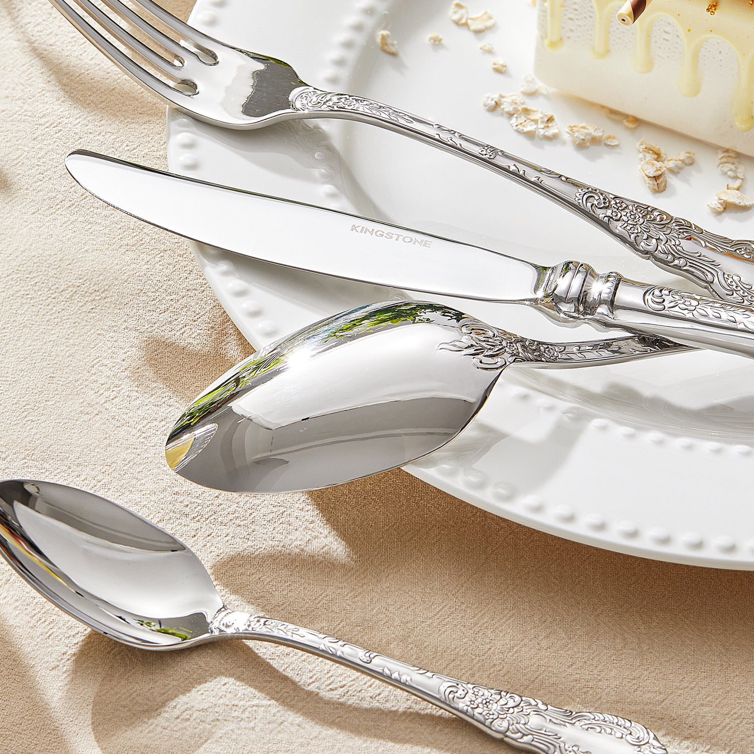 KINGSTONE Vintage Carved Silverware Set, 5-Piece 18/10 Stainless Steel Flatware