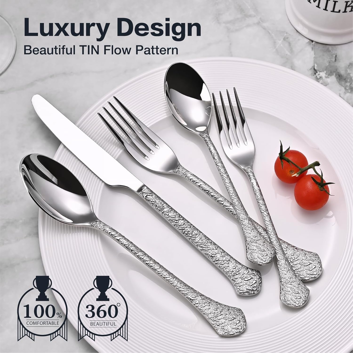 KINGSTONE Premium Silverware Sets, 18/10 Stainless Steel Flatware Set，20-Piece Cutlery with Tin Flow Handles, Dishwasher Safe (20-Piece)