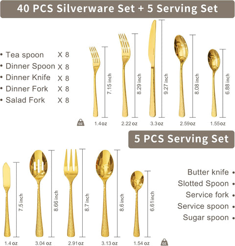 Artisan Stria 18/10 Stainless Steel 45 Piece Flatware Set, Service for 8 (With Serving Utensils)