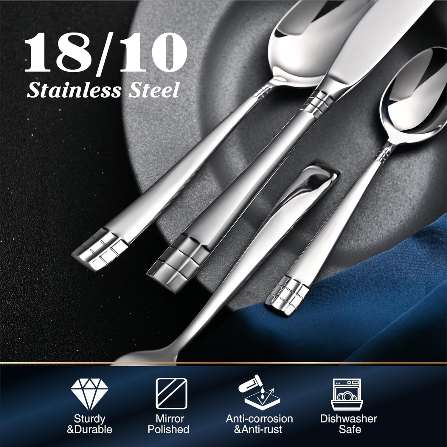 KINGSTONE Flatware Set, 20-Piece Luxury Silverware Set for 4, 18/10 Stainless Steel Cutlery Utensils Sets with European Design, Pure Hand Mirror Polished, Perfect for Family & Parties, Dishwasher Safe