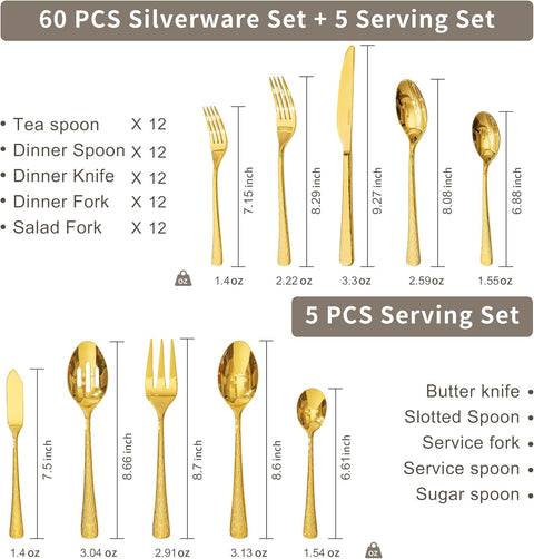 Artisan Stria 18/10 Stainless Steel 65 Piece Flatware Set, Service for 12 (With Serving Utensils)