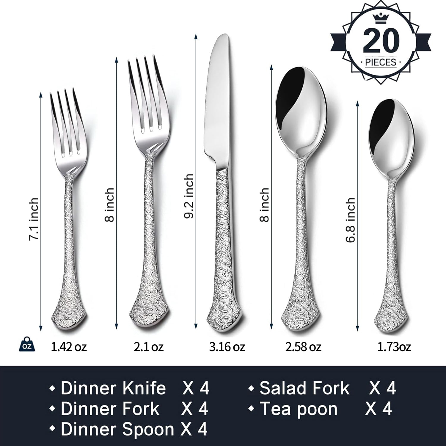 KINGSTONE Premium Silverware Sets, 18/10 Stainless Steel Flatware Set，20-Piece Cutlery with Tin Flow Handles, Dishwasher Safe (20-Piece)