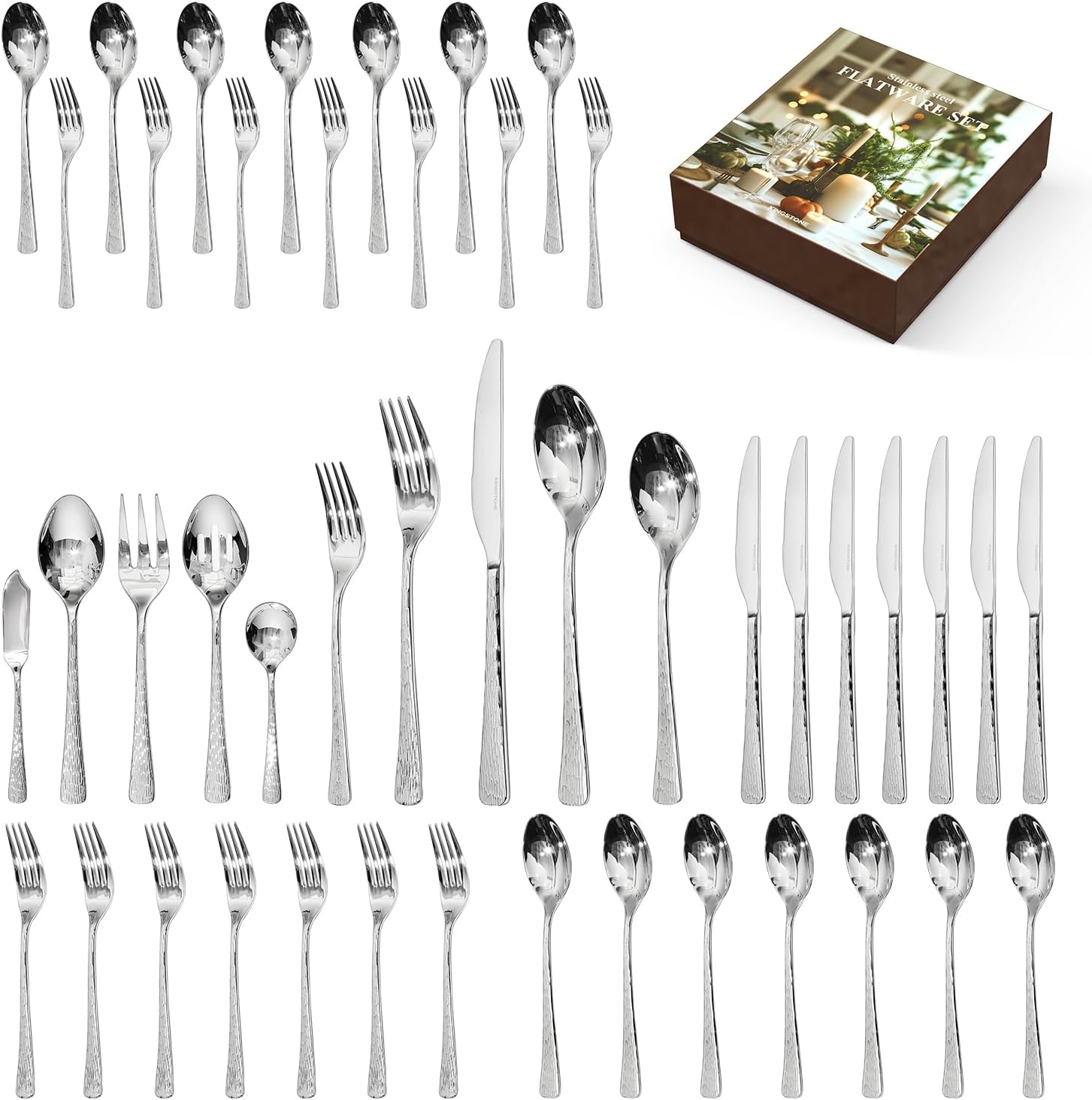 KINGSTONE Hammered Silverware Set, Flatware Set, 18/10 Stainless Steel Premium Cutlery with Unique Ripple Handles Design Mirror Polished - Dishwasher Safe (20-Piece)