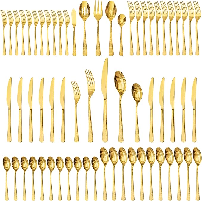 KINGSTONE Hammered Silverware Set, Flatware Set, 18/10 Stainless Steel Premium Cutlery with Unique Ripple Handles Design Mirror Polished - Dishwasher Safe (20-Piece)