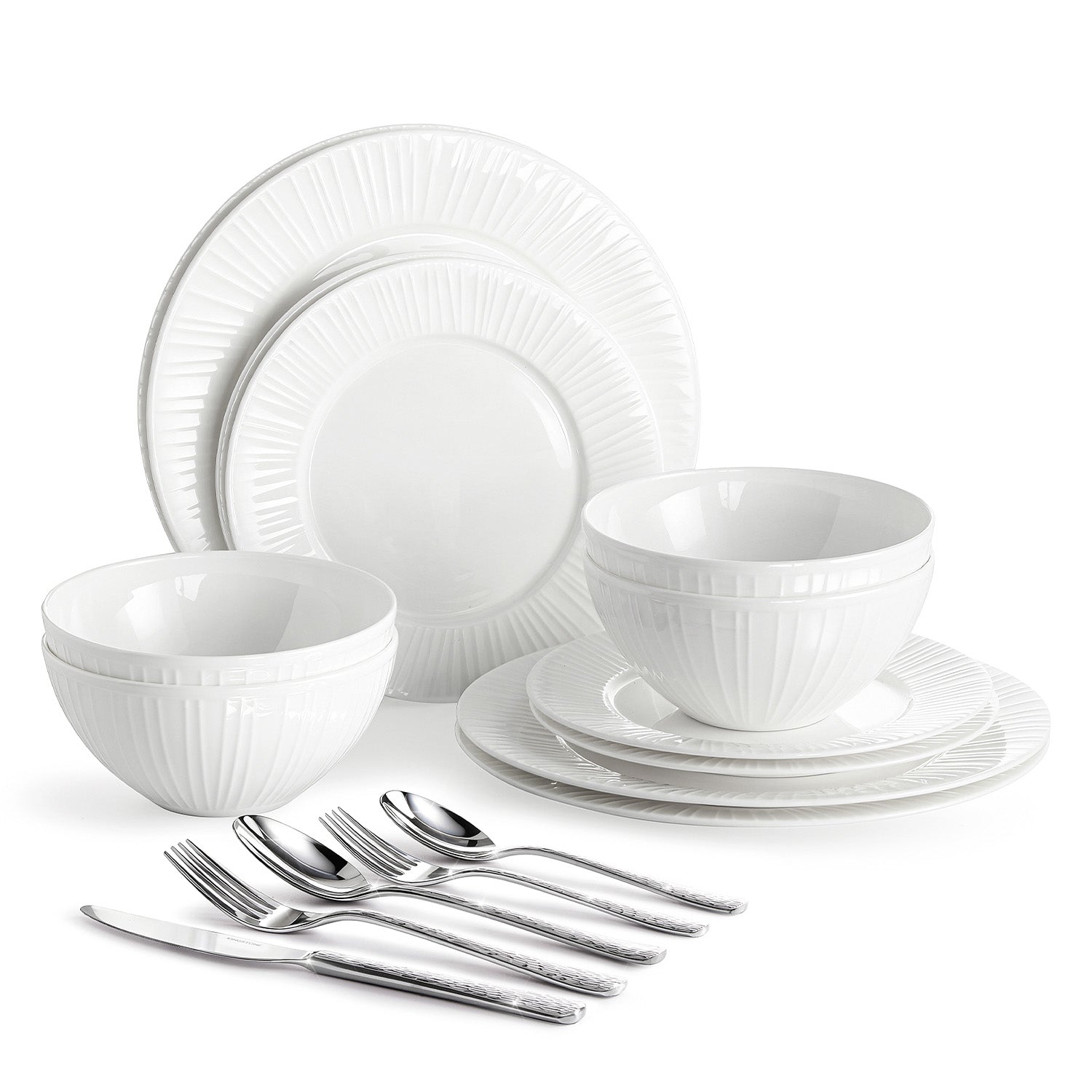 KINGSTONE Bone China Dinnerware Set, White Lightweight Porcelain with Textured Design Service, Plates, Bowls, for Family Dining, Restaurants, Gifting, Microwave and Dishwasher Safe