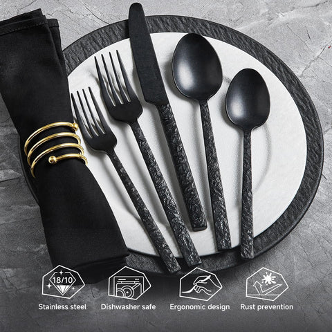 KINGSTONE 20 Pcs Black Hammered Silverware Set for 4, 18/10 Stainless Steel Heavy Duty Flatware Set, Tableware Cutlery Utensil Sets for Home Restaurant Dishwasher Safe