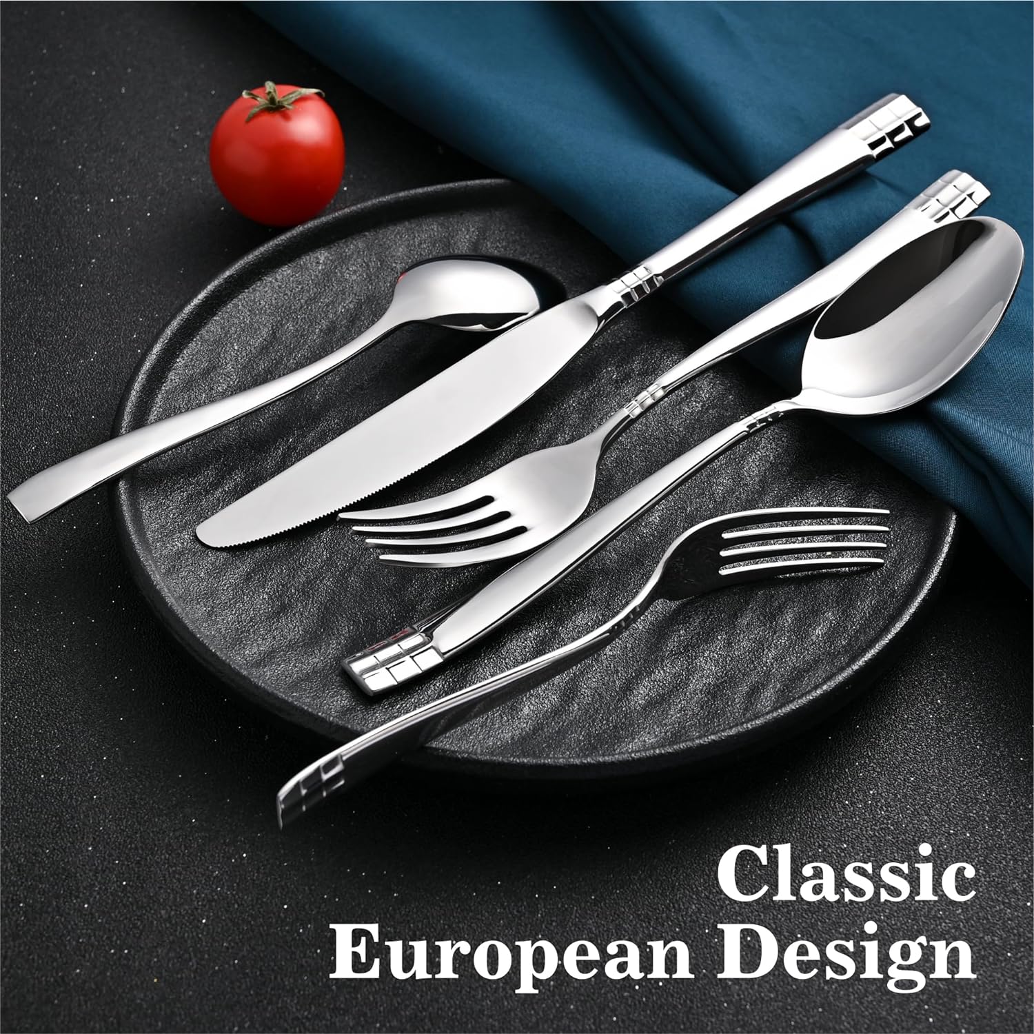 KINGSTONE Flatware Set, 20-Piece Luxury Silverware Set for 4, 18/10 Stainless Steel Cutlery Utensils Sets with European Design, Pure Hand Mirror Polished, Perfect for Family & Parties, Dishwasher Safe