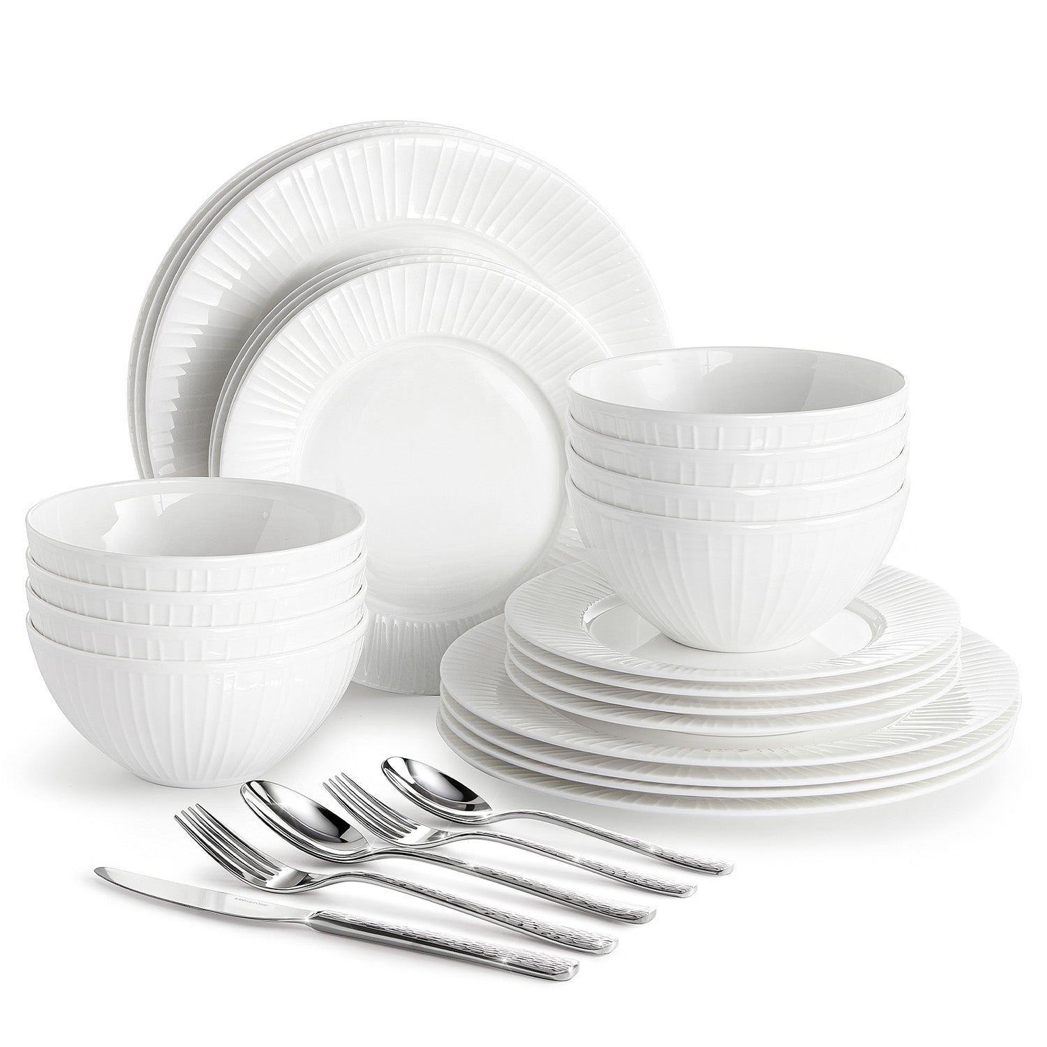 KINGSTONE Bone China Dinnerware Set, White Lightweight Porcelain with Textured Design Service, Plates, Bowls, for Family Dining, Restaurants, Gifting, Microwave and Dishwasher Safe