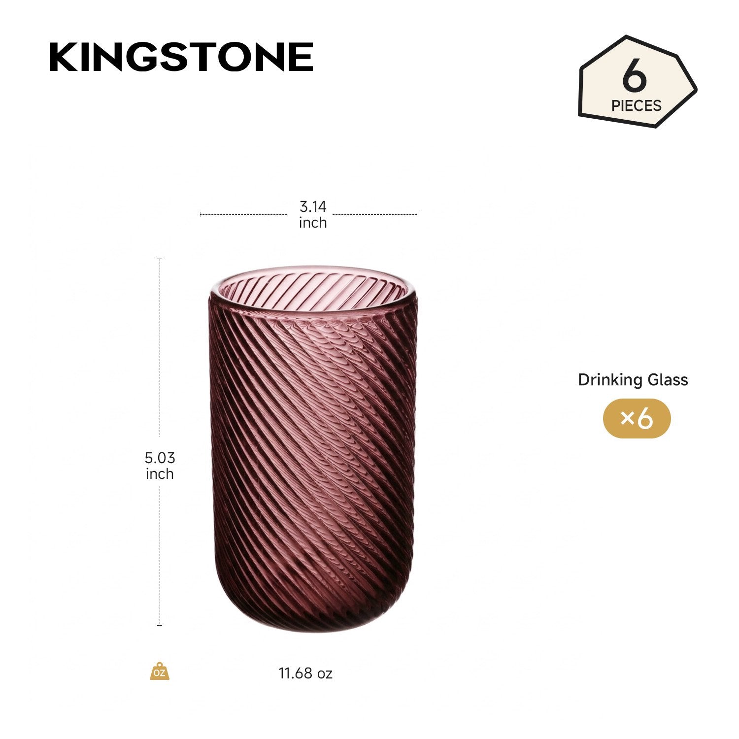 KINGSTONE 6-Pack Ribbed Glass Tumblers, Lead-Free Drinking Glasses Set for Kitchen & Bar, 12 Oz Elegant Spiral Design