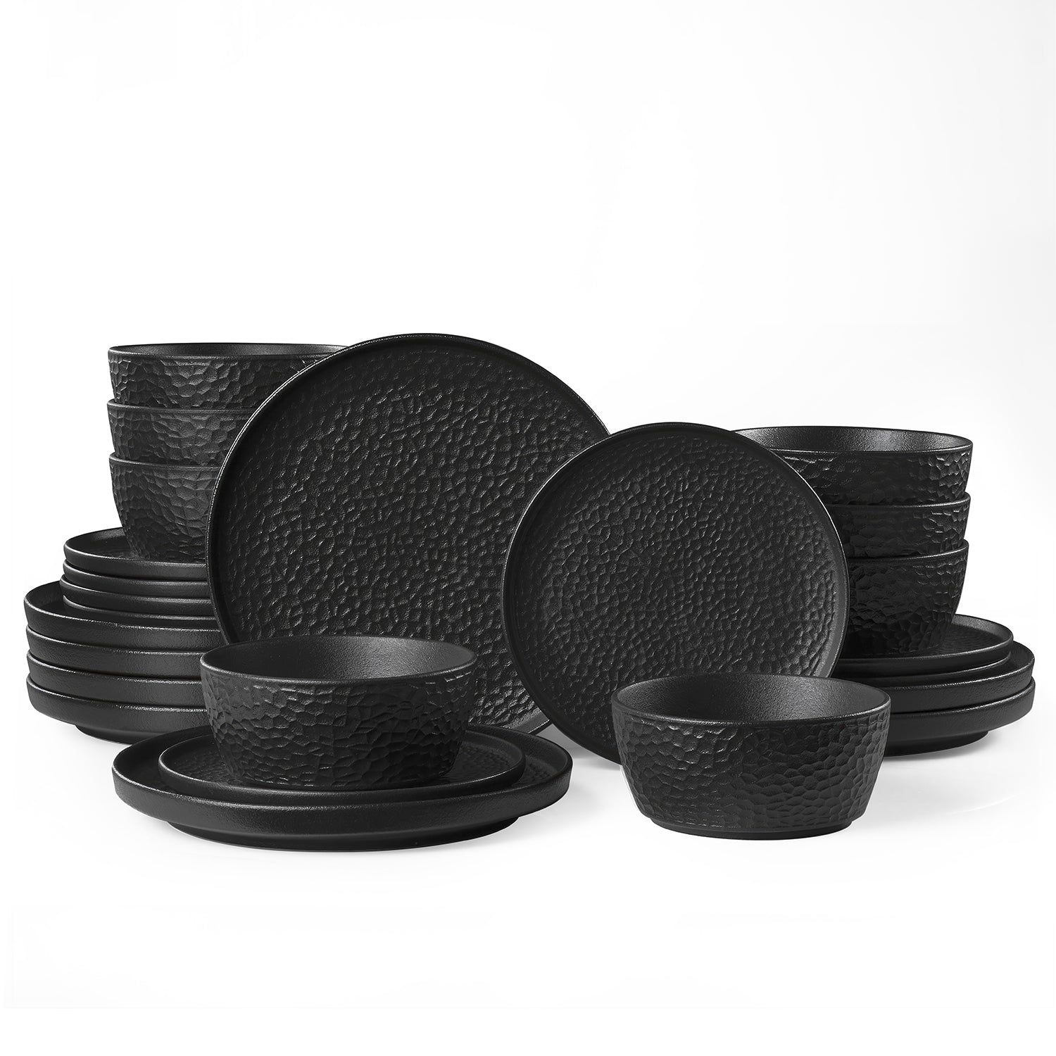 KINGSTONE Ceramic Dinnerware Set, Porcelain Plates and Bowls Set , Matte Black or White, Hammered Texture, Microwave, Dishwasher & Oven Safe, Perfect for Home, Weddings & Gifts