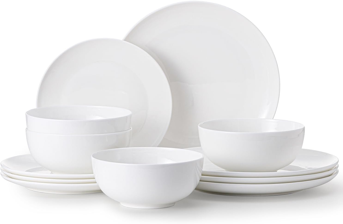 KINGSTONE Bone China Dinnerware Sets, 12-Piece Dinnerware Set for 4, Lightweight Durable, Dishwasher Safe, Tableware for Daily Use with Elegant Design