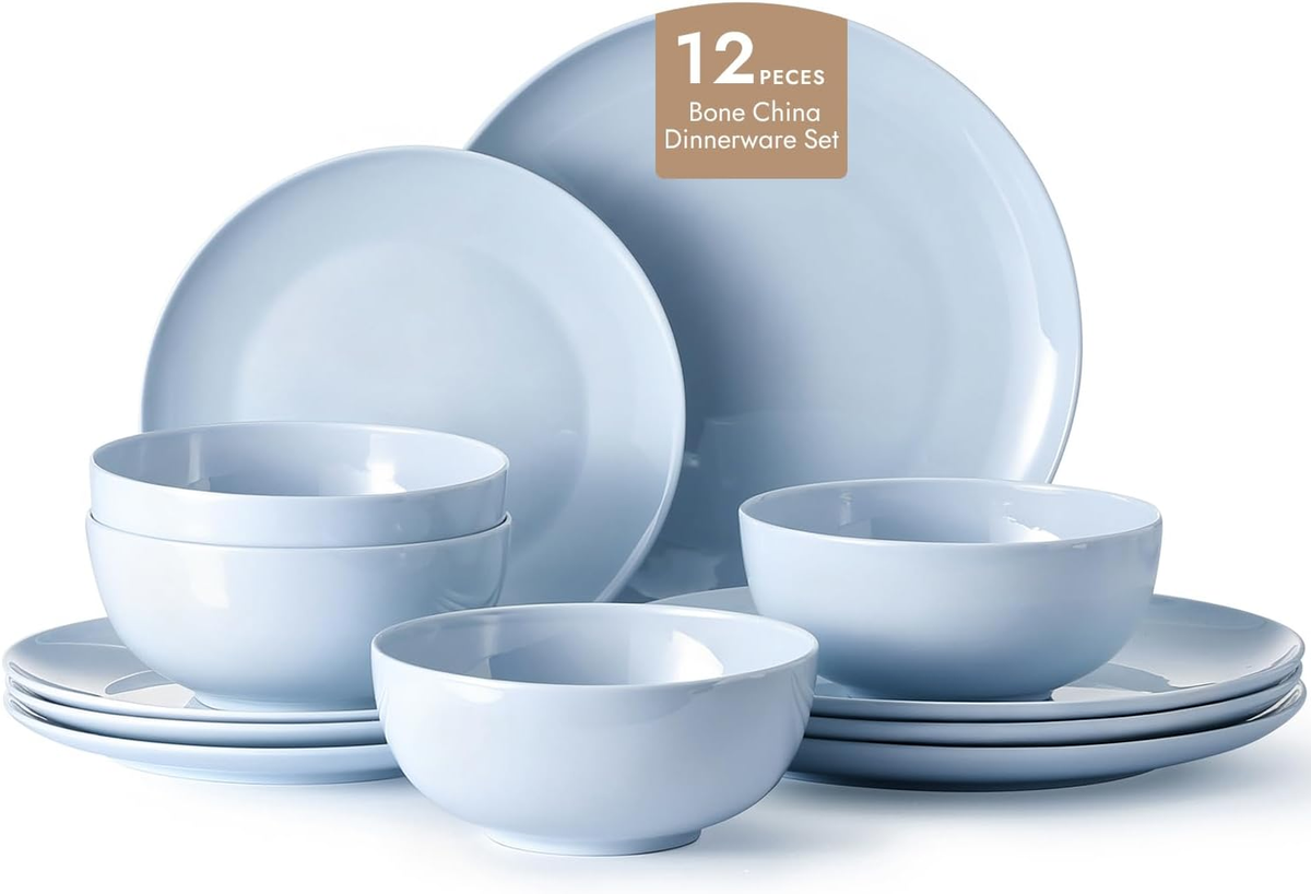 KINGSTONE Bone China Dinnerware Sets, 12-Piece Dinnerware Set for 4, Lightweight Durable, Dishwasher Safe, Tableware for Daily Use with Elegant Design