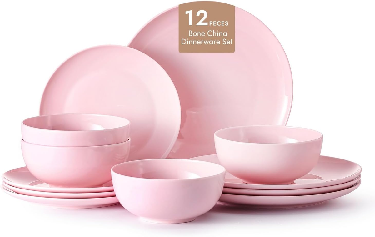 KINGSTONE Bone China Dinnerware Sets, 12-Piece Dinnerware Set for 4, Lightweight Durable, Dishwasher Safe, Tableware for Daily Use with Elegant Design