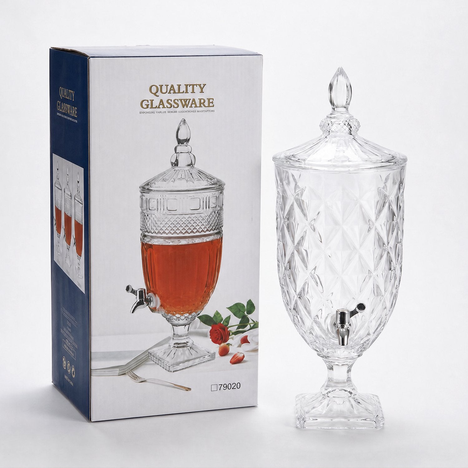 KINGSTONE 1.3 Gallon Glass Beverage Dispenser with Leak-Proof Spigot, 169 oz Extra Large Wine Decanter with Diamond-Ribbed Design & Lid for Parties, Weddings