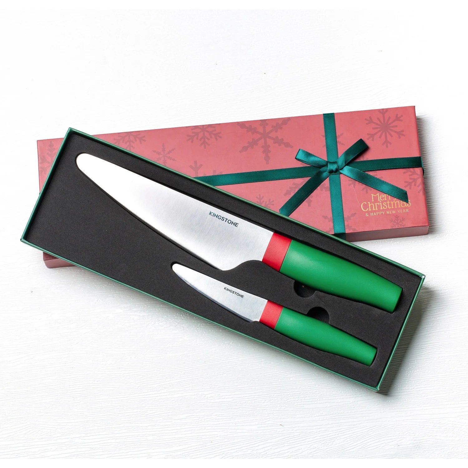 KINGSTONE 2-Piece Kitchen Knife Set with Gift Box, Stainless Steel Chef Knives with Christmas Pattern, Ergonomic Cutlery Set, Round Tip Safety Knives for Home Cooking