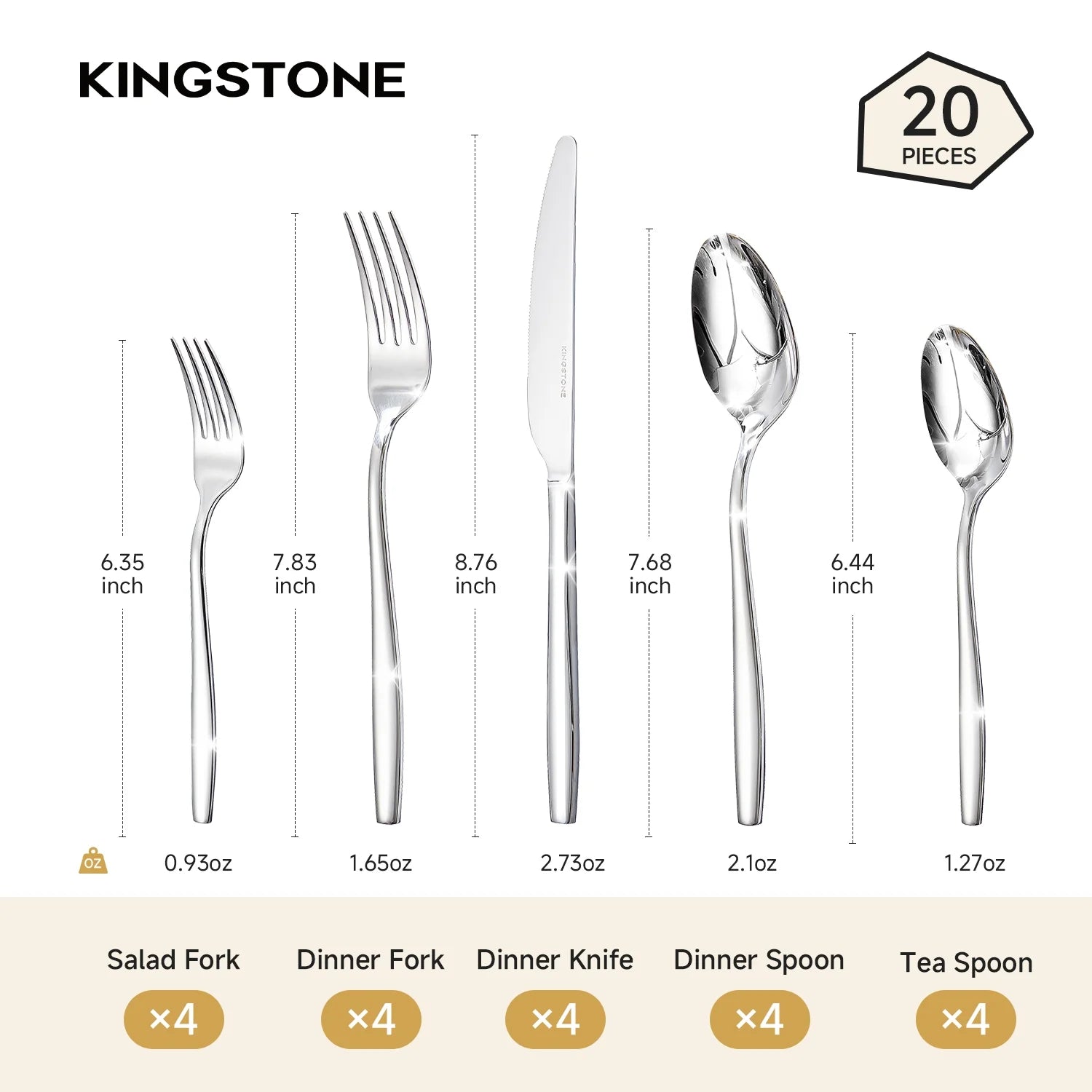 KINGSTONE Silverware , 18/10 Stainless Steel Flatware Set, Cutlery Utensil Set, Mirror Polished, Dishwasher Safe, Silver