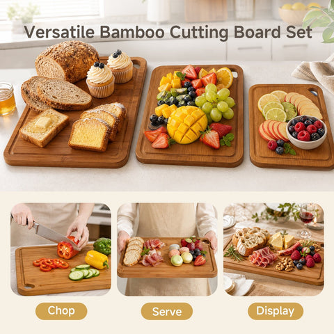 3 Piece Bamboo Cutting Board Set with Storage Holder - WM-CBD-4P