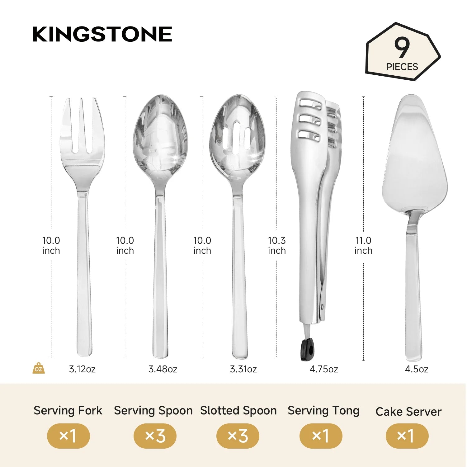 KINGSTONE 9 Pieces Serving Utensils Set, 18/10 Stainless Steel Hostess Set for Party Banquet Buffet, Dishwasher Safe, Silver