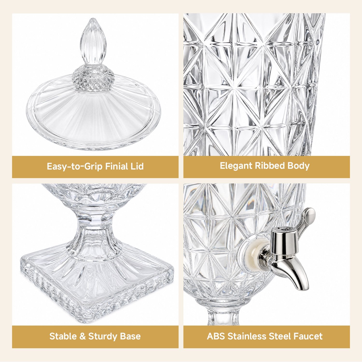KINGSTONE 1.3 Gallon Glass Beverage Dispenser with Leak-Proof Spigot, 169 oz Extra Large Wine Decanter with Diamond-Ribbed Design & Lid for Parties, Weddings