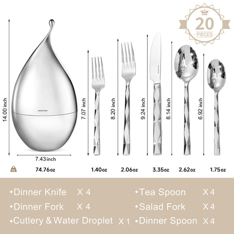 20 Piece Facet Silverware Set with Droplet Storage Organizer - WK8812-21P-WD