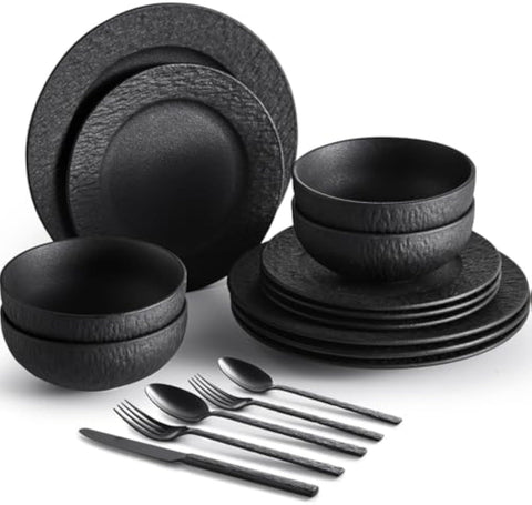 Obsidian Matte Marble 32 Piece Dinnerware Set (With Flatware)