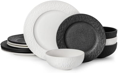 Obsidian Matte Marble White&Black 12 Piece Dnnerware Set, Service for 4
