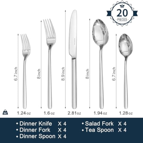 18/10 Stainless Steel 20 Piece Flatware Set, Service for 4