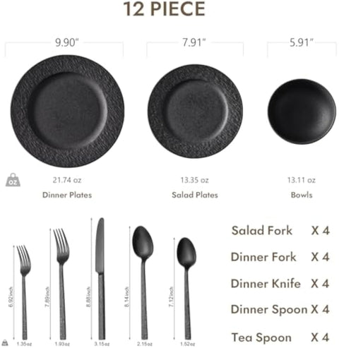 Obsidian Matte Marble 32 Piece Dinnerware Set (With Flatware)