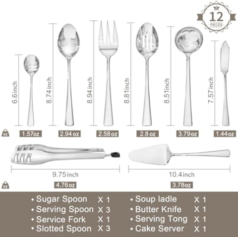 18/10 Stainless Steel 12 Piece Serving Utensils Set