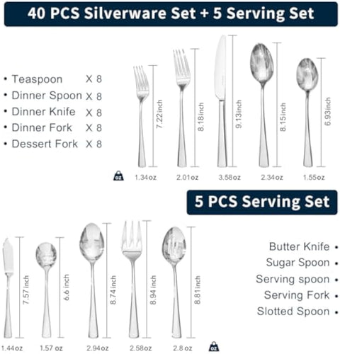 18/10 Stainless Steel Classic 45 Piece Flatware Set, Service for 8 (With Serving Utensils)